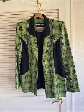 Green Plaid Blazer with Black Contrast Panels